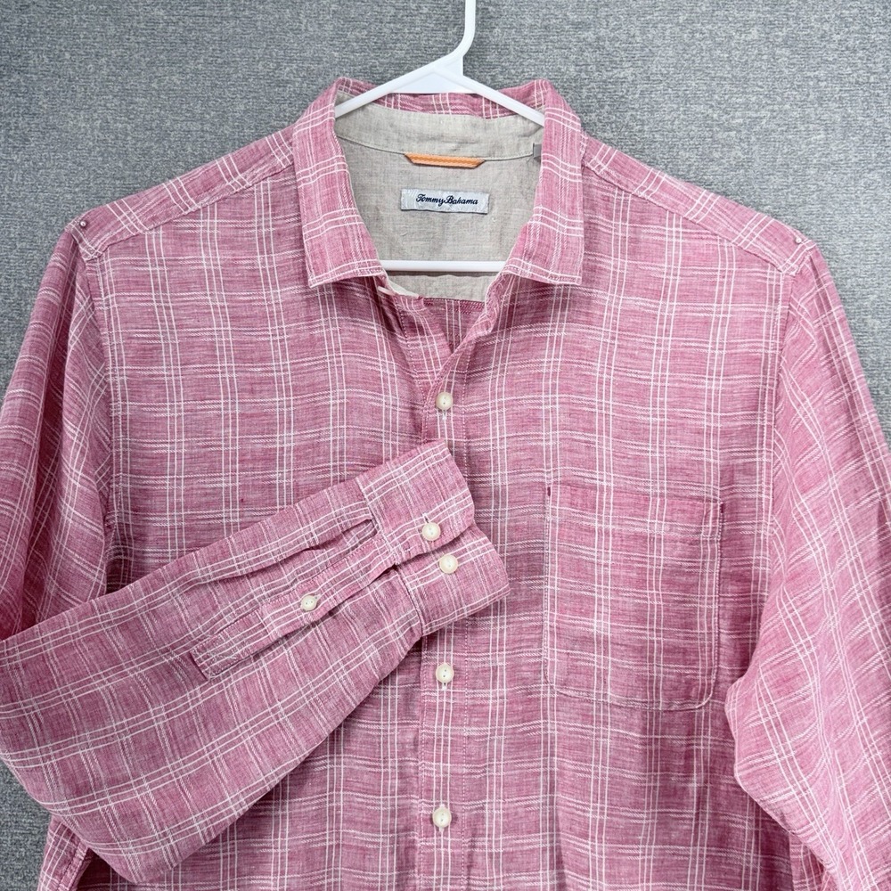 Tommy Bahama Ventana Plaid Linen Shirt Men Size XL Pink Casual Long Sleeve
